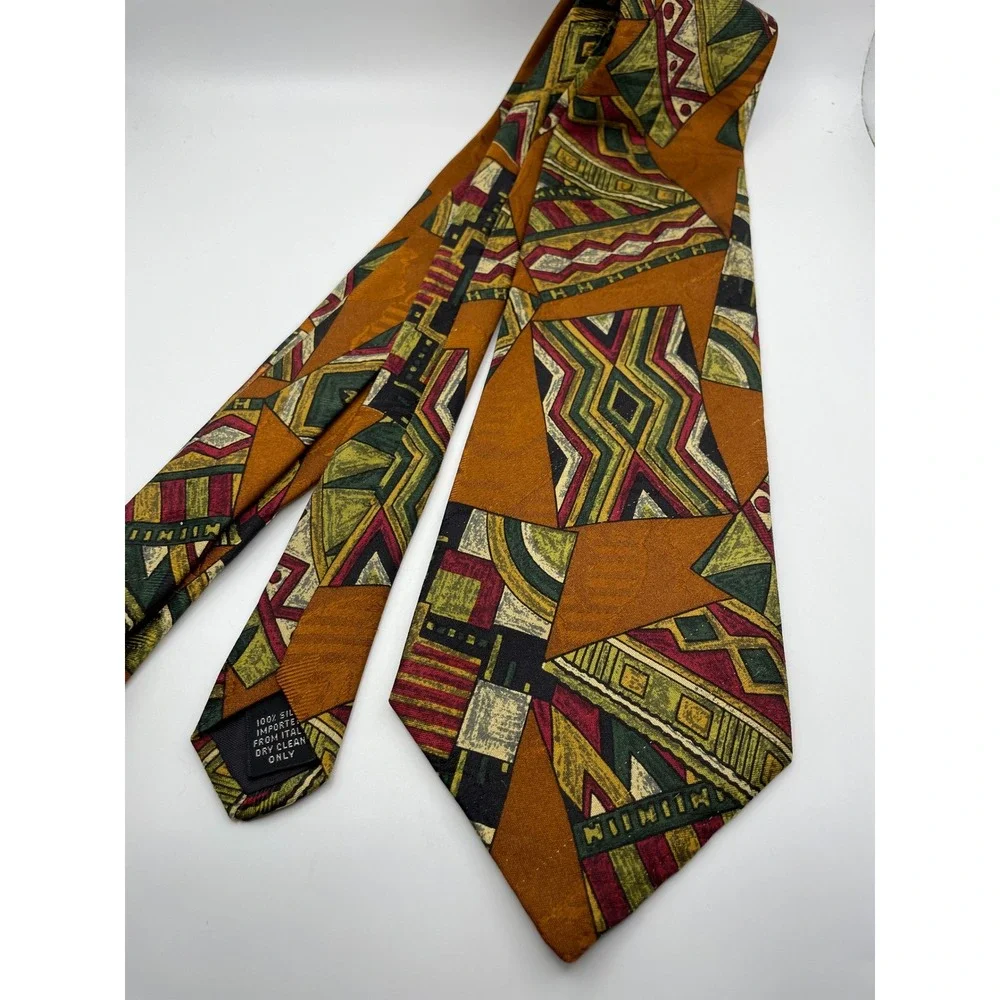Cezani Mens Silk Tie Abstract Geometric Orange Green Burgundy Made in Italy